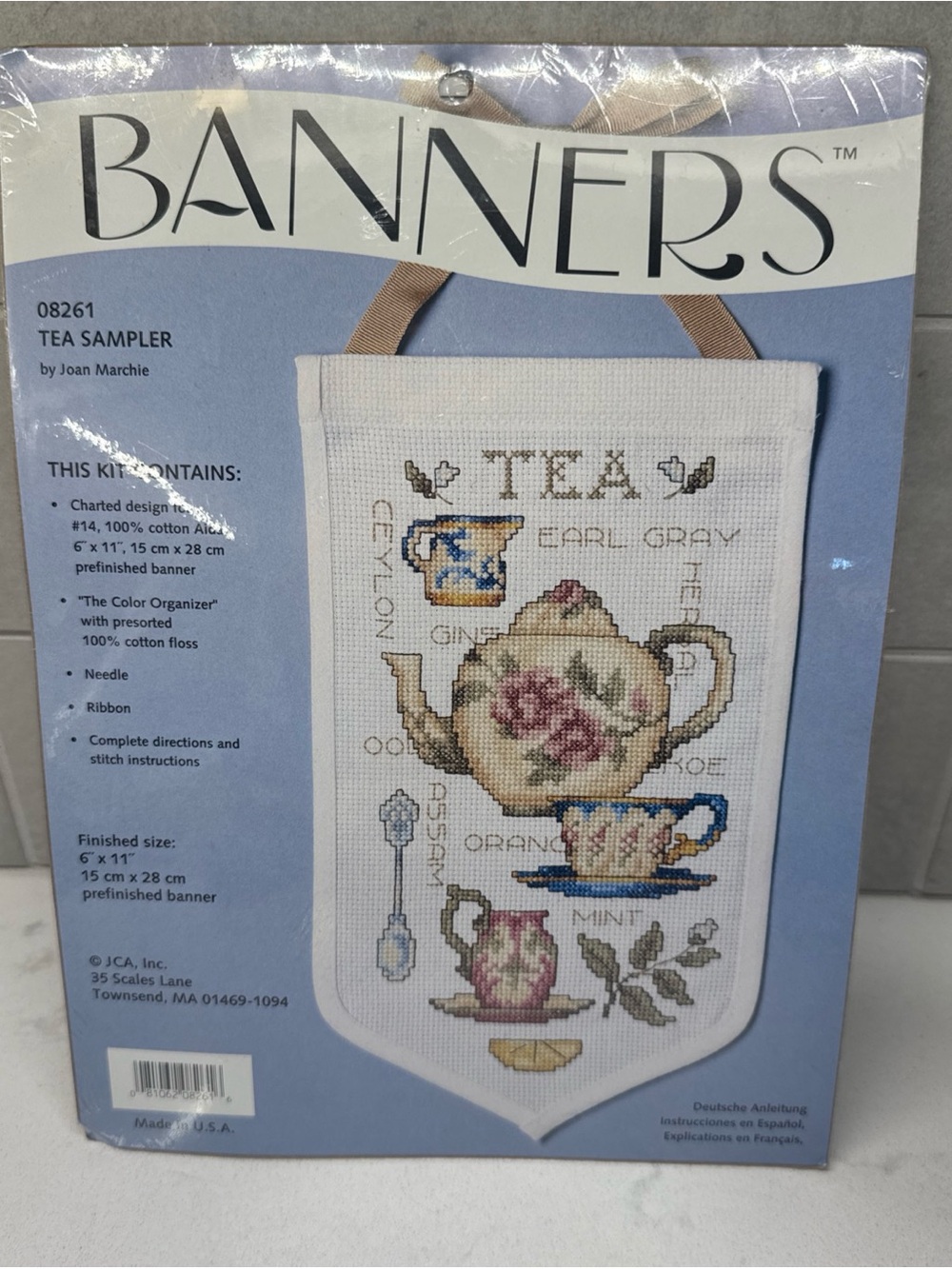 Tea Sampler Cross Stitch Banner - White new in pkg Banners